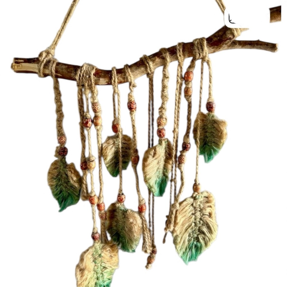 Hand Crafted Bohemian Leaf Wall Hanging with Green and Beaded Accents